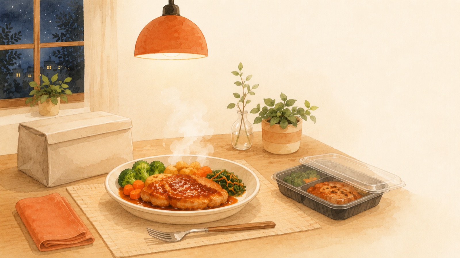 宅配食を温めて並べた、あたたかい夜の食卓